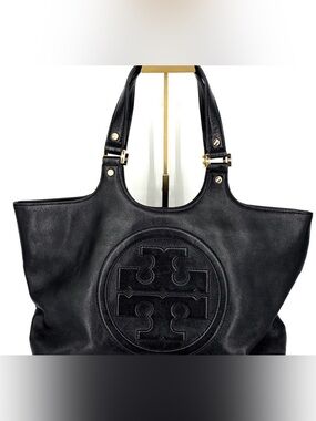 Tory Burch Amanda Classic Black Leather Embossed Logo Tote with Gold Hardware